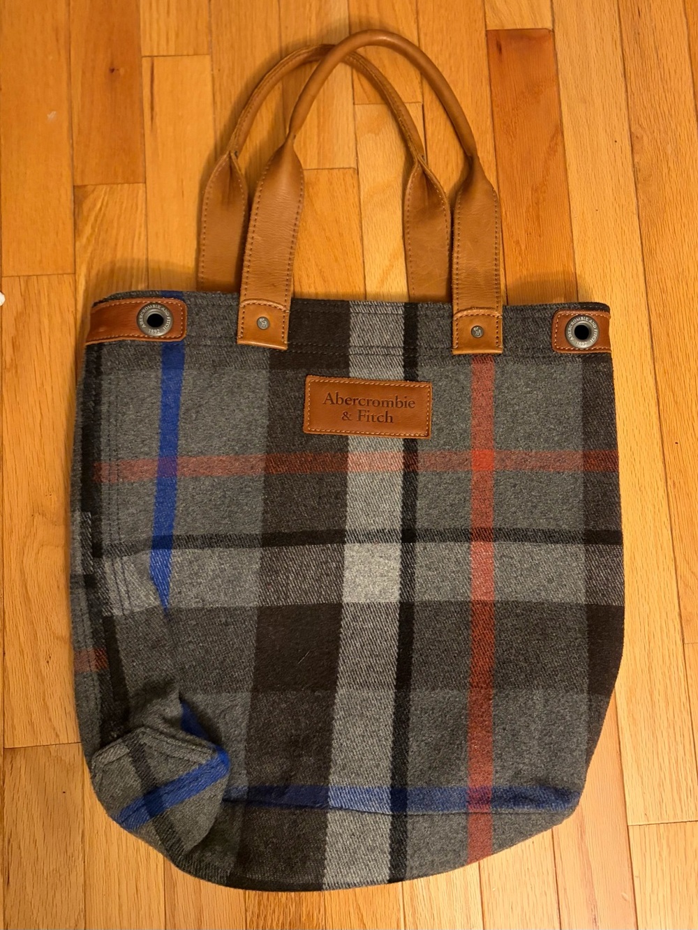 Abercrombie & Fitch Gray Plaid Tote with Tan Leather Handles